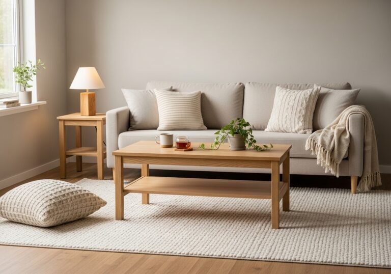 Cozy living room with wooden furniture, soft sofa, and warm natural lighting