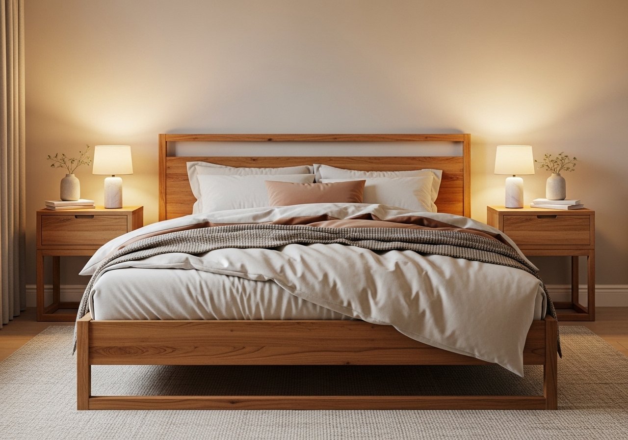 Cozy bedroom with wooden furniture, soft bedding, and warm natural lighting