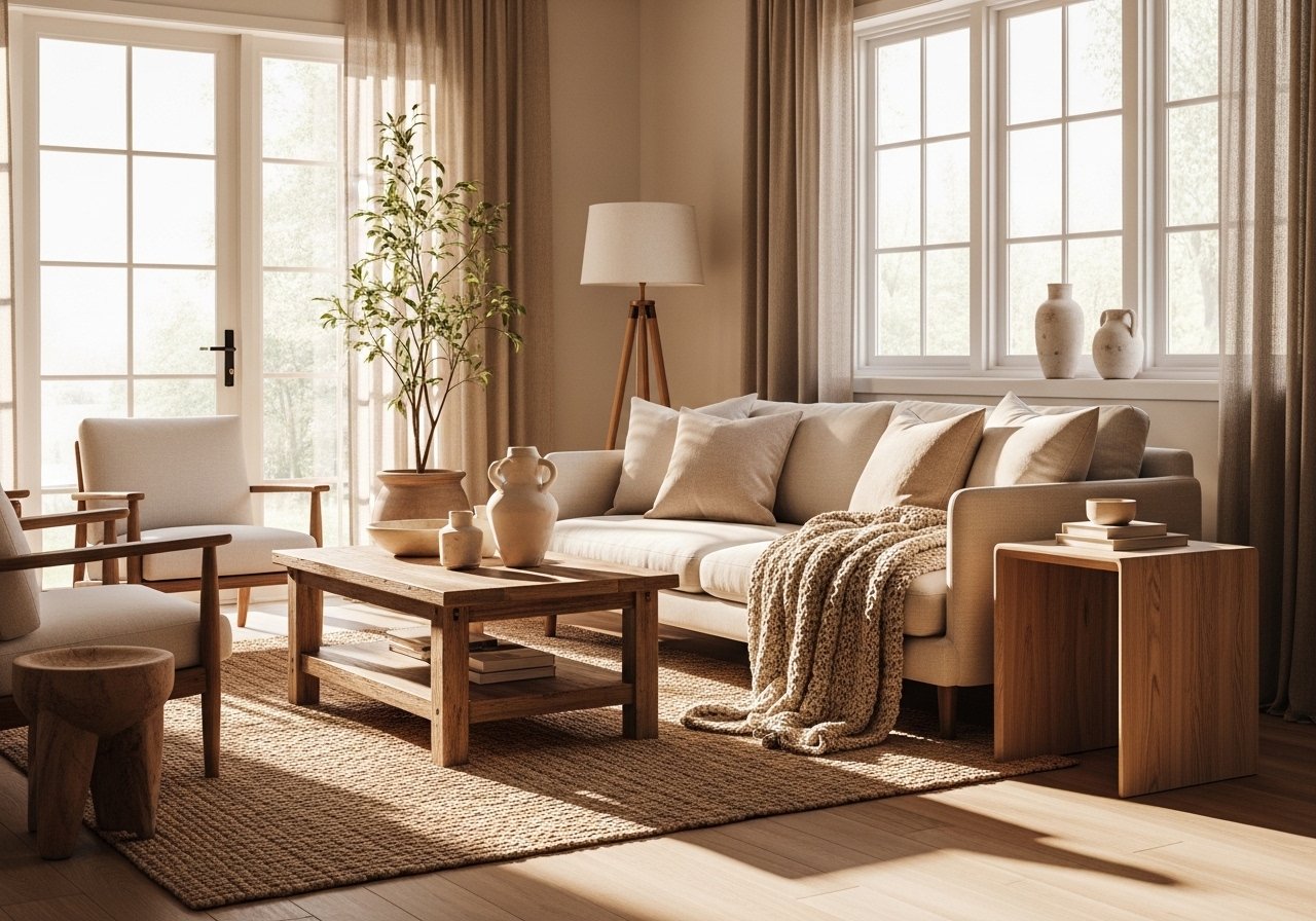 Warm cozy home interior with wooden furniture and soft seating